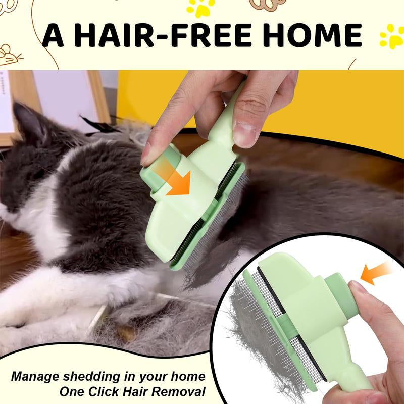 Pet Hair Removal Comb with Release Button for Cats and Dogs, De-Shedding Brush with Long & Short Stainless Steel Teeth for Efficient Hair Removal