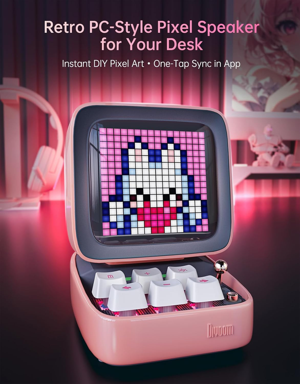 Ditoo Retro Pixel Art Game Bluetooth Speaker with 16X16 LED App Controlled Front Screen (Pink)