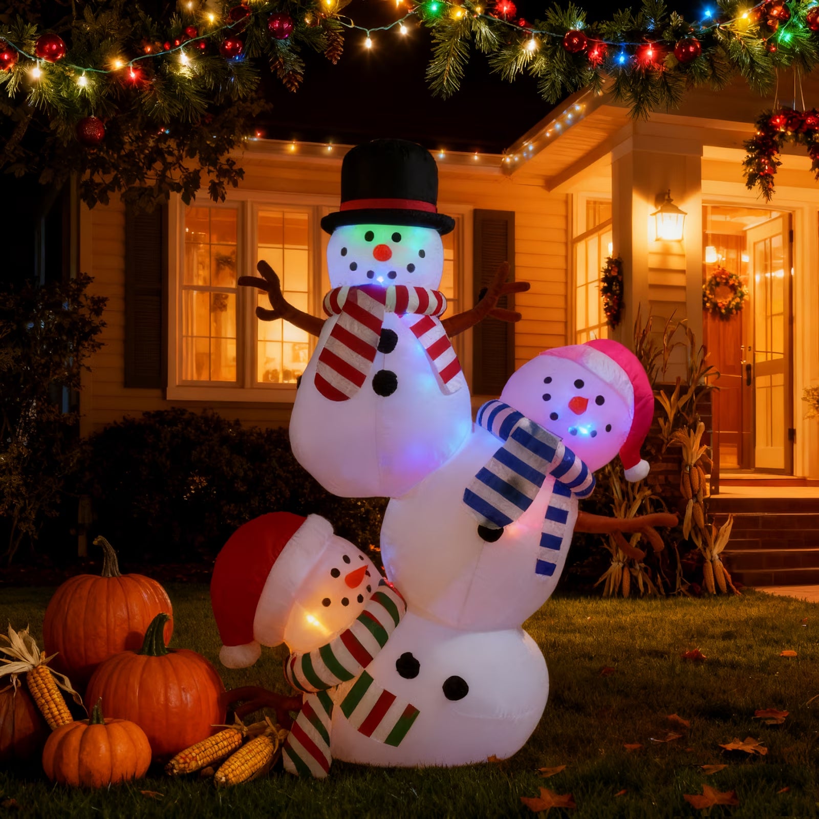 8FT Christmas Inflatable Outdoor Decoration, Stacked Snowman, Navidad Blow up Yard Decor with Built-In LED Light for Lawn, Garden, Party