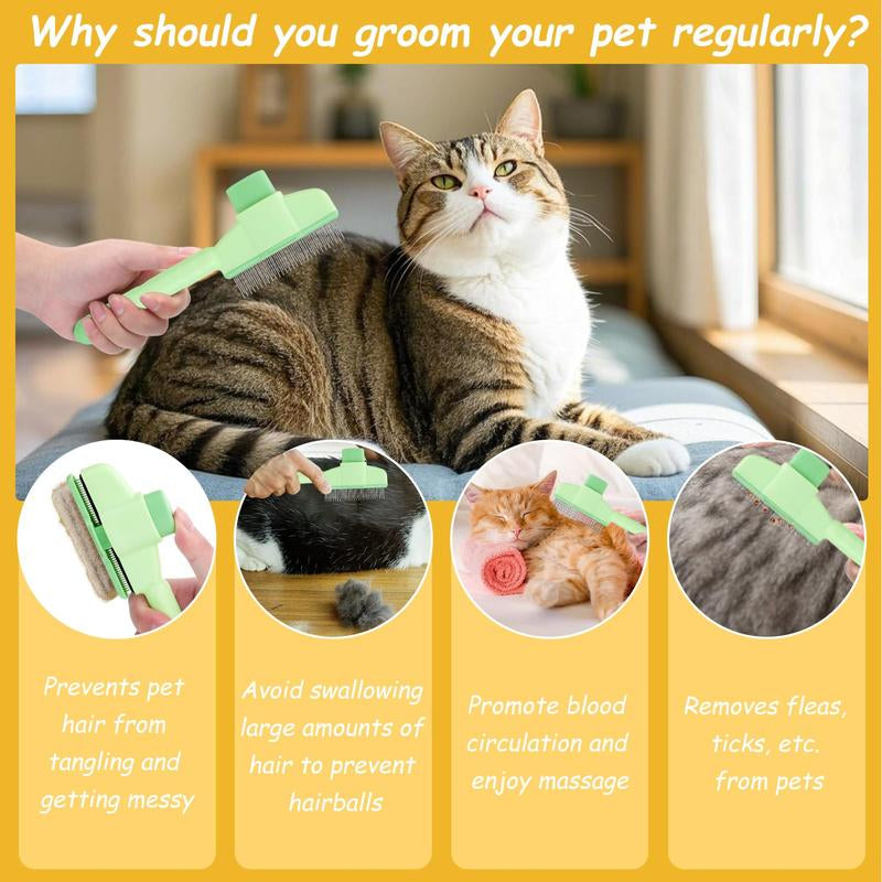 Pet Hair Removal Comb with Release Button for Cats and Dogs, De-Shedding Brush with Long & Short Stainless Steel Teeth for Efficient Hair Removal