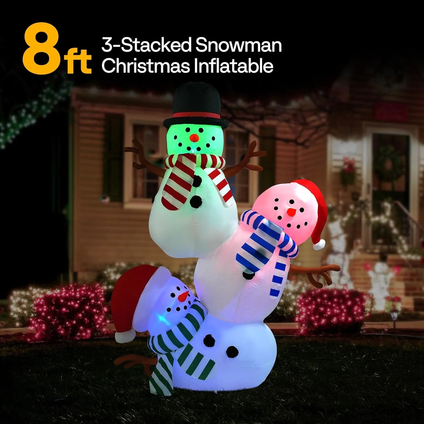 8FT Christmas Inflatable Outdoor Decoration, Stacked Snowman, Navidad Blow up Yard Decor with Built-In LED Light for Lawn, Garden, Party